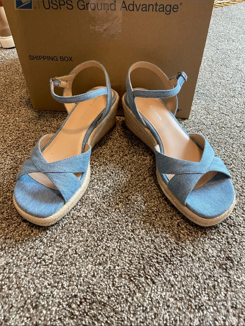 Stuart Weitzman Denim Blue Crisscross Espadrille Wedge Sandals